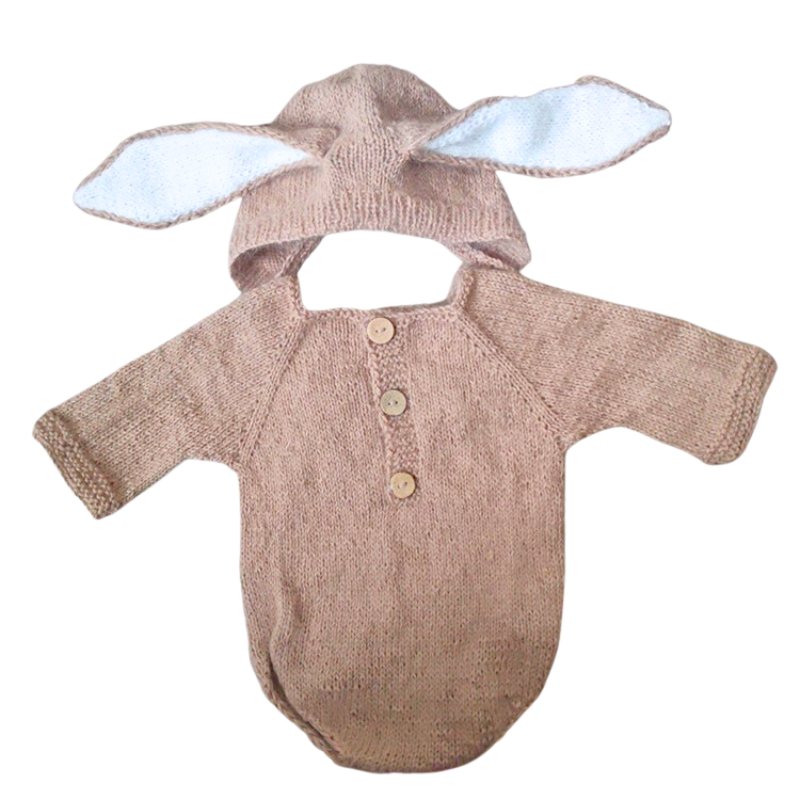 Light brown angora goat mohair knitted floppy eared bunny rabbit newborn photography romper with bonnet hat and long-sleeve onesie bodysuit for reborn baby dolls, preemies and newborns.