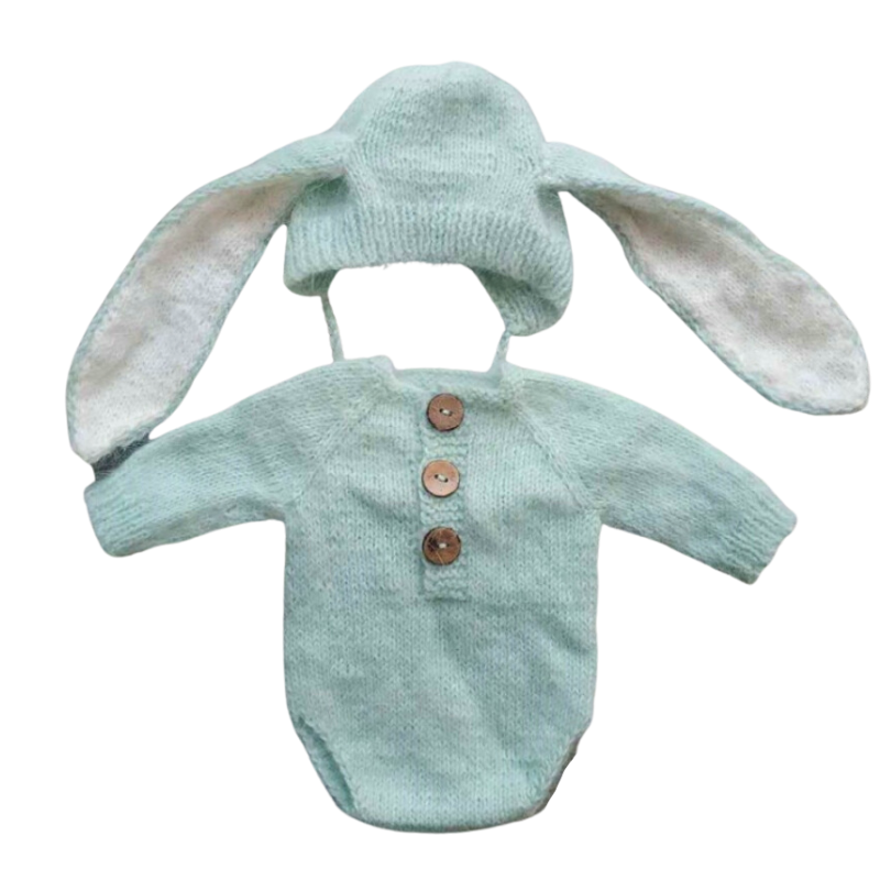 Mint Green angora goat mohair knitted floppy eared bunny rabbit newborn photography romper with bonnet hat and long-sleeve onesie bodysuit for reborn baby dolls, preemies and newborns.