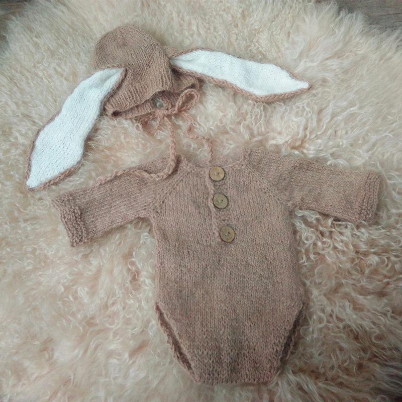 Camel angora goat mohair knitted fuzzy floppy eared bunny rabbit bonnet with drawstring and long sleeve onesie romper for newborn photography, preemies, and reborn baby dolls.