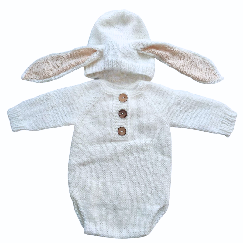 White angora goat mohair knitted floppy eared bunny rabbit newborn photography romper with bonnet hat and long-sleeve onesie bodysuit for reborn baby dolls, preemies and newborns.