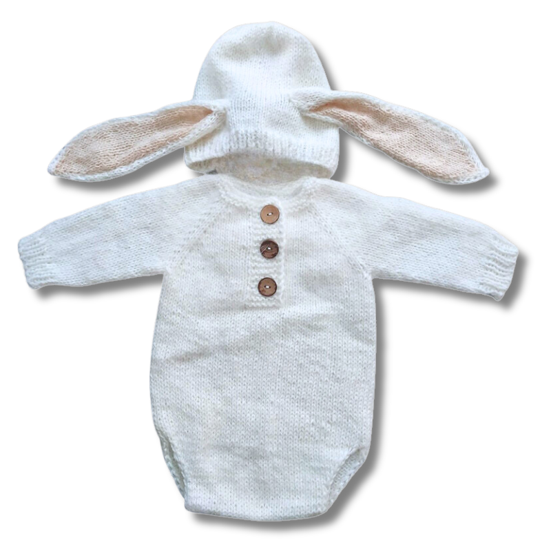 White angora goat mohair knitted fuzzy floppy eared bunny rabbit bonnet with drawstring and long sleeve onesie romper for newborn photography, preemies, and reborn baby dolls.