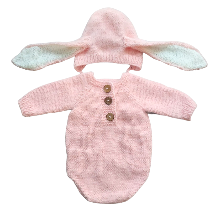 Pink angora goat mohair knitted floppy eared bunny rabbit newborn photography romper with bonnet hat and long-sleeve onesie bodysuit for reborn baby dolls, preemies and newborns.