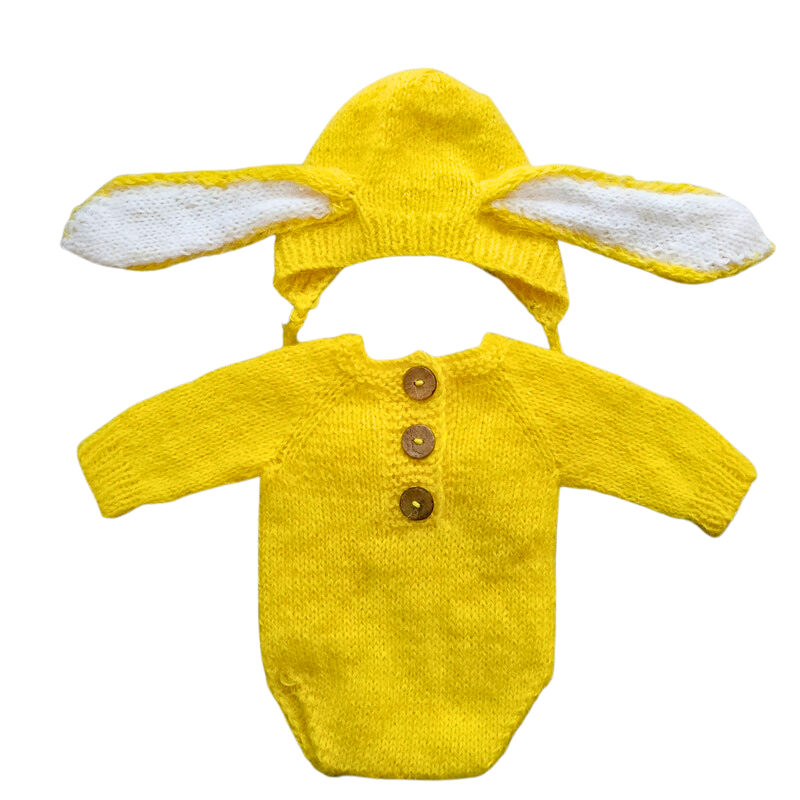 Yellow angora goat mohair knitted floppy eared bunny rabbit newborn photography romper with bonnet hat and long-sleeve onesie bodysuit for reborn baby dolls, preemies and newborns.