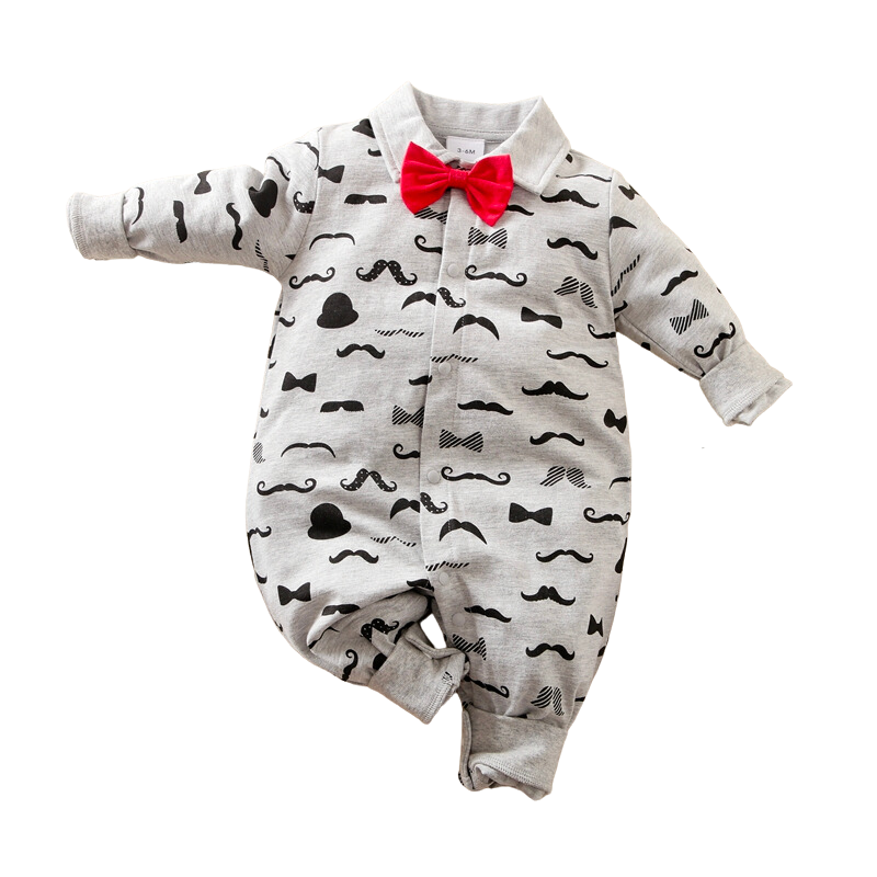 Grey long-sleeve button-up collared romper with black moustaches all over it and a red bow tie for newborn babies and reborn dolls.