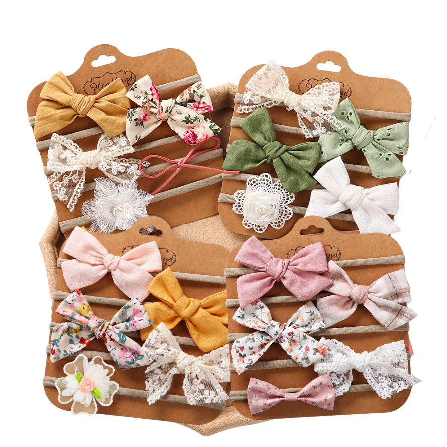 Five piece bow and flower nylon headband sets for newborn baby girls and reborn dolls.  Great for preemie babies to toddler infants.