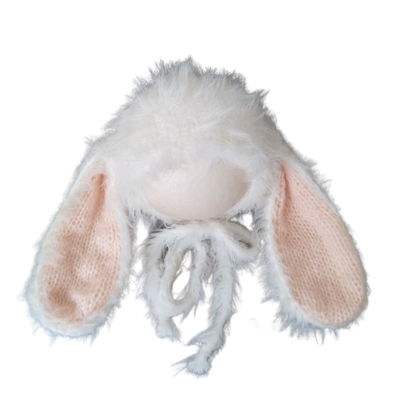 White and pink floppy eared fuzzy knitted mohair baby bunny bonnet for newborn photography and baby dolls.