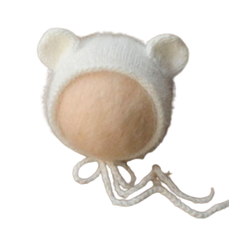 Ivory white mohair knitted bear photography hat for newborns, preemies, reborns, and cuddle babies. Clothing for reborn dolls.