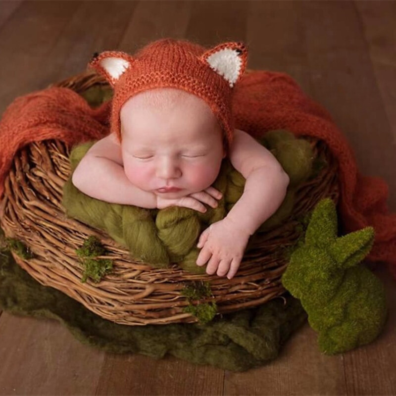 Hand knit mohair fox bonnet for newborn or reborn photography. Orange.