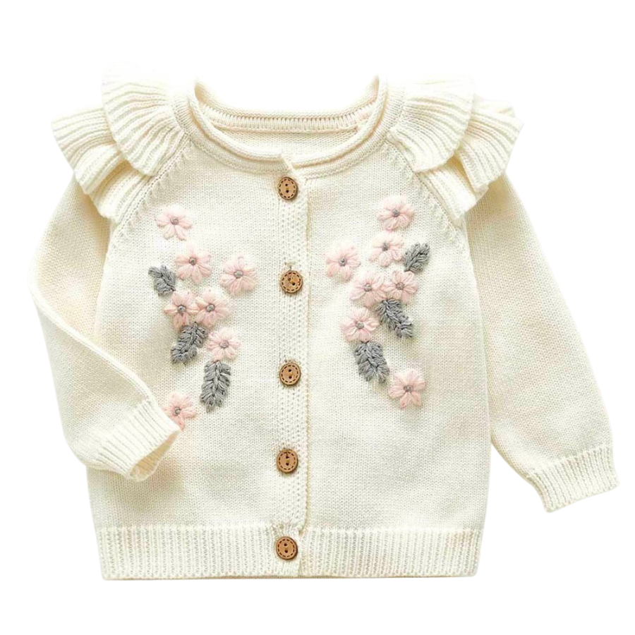 Creamy white knitted cardigan with frilly sleeves, long-sleeves, and buttons down the centre. Has beautiful pink and grey floral embroidery on the chest. Made for newborn baby girls to 3 years old and reborn dolls.