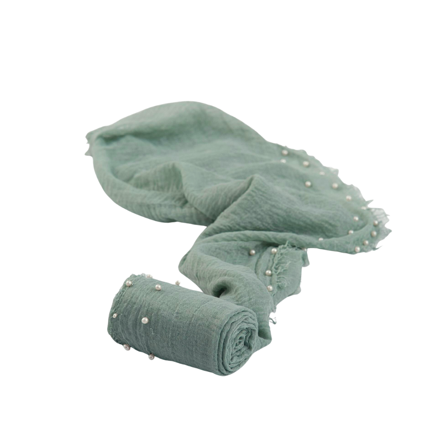 Sage green pearl raw edge muslin wrap swaddle for reborn dolls and newborn photography.