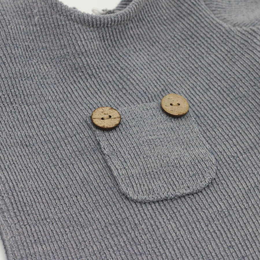 Grey ribbed cotton long-sleeve photography romper for newborn and preemie sized babies and reborn dolls with a mouse bonnet and mouse stuffie.