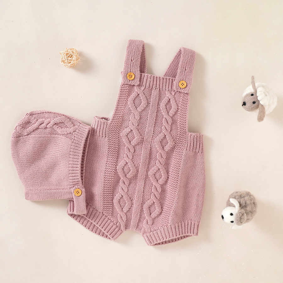Pink cable knit Vintage Spanish shortalls overall romper with matching bonnet for newborn babies and reborn dolls.