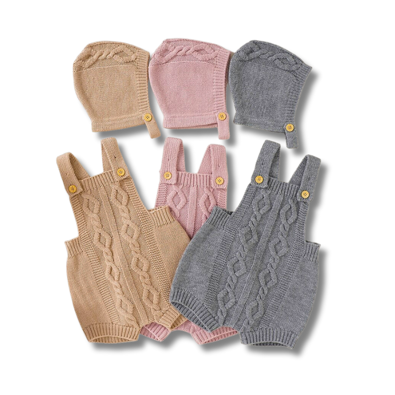 Beige, pink and grey Spanish Knit shortalls with matching bonnets for babies and reborn dolls.