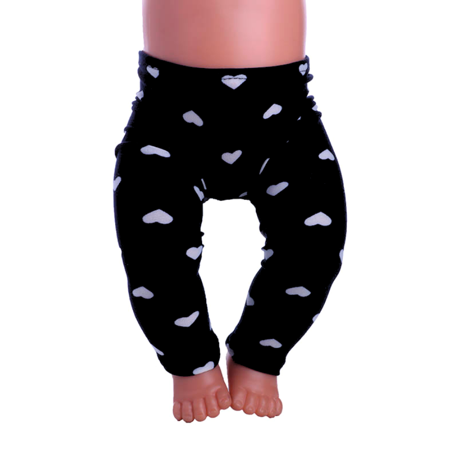 Black American Girl Doll pants leggings with white hearts for miniature, preemie, and 15" to 18" Reborn dolls.