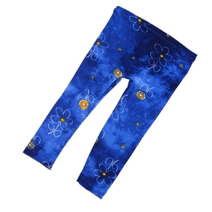 Navy blue tie dye with flowers American Girl Doll pants leggings for miniature, preemie, and 15" to 18" Reborn dolls.