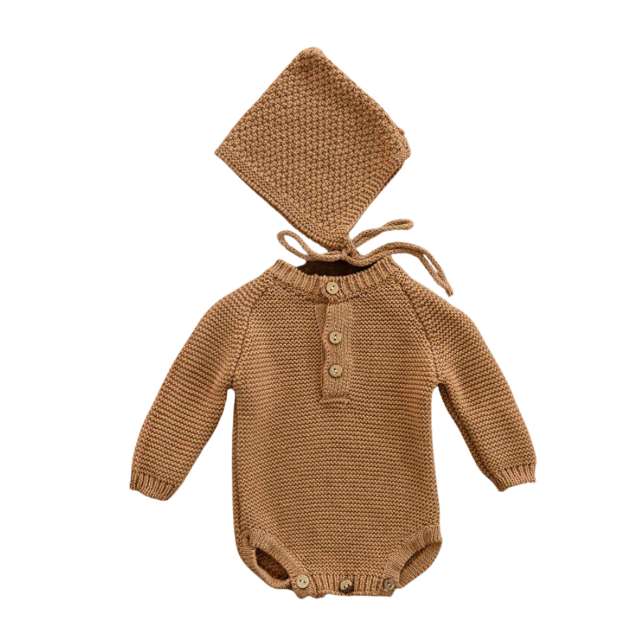 Brown crochet knitted newborn baby longsleeve bodysuit onesie with pixie bonnet for reborn dolls and babies. Baby shower gift. Expectant mom mother to be gift. Crochet newborn baby bodysuit onesie pixie bonnet. Reborn clothing. Reborn Clothes.