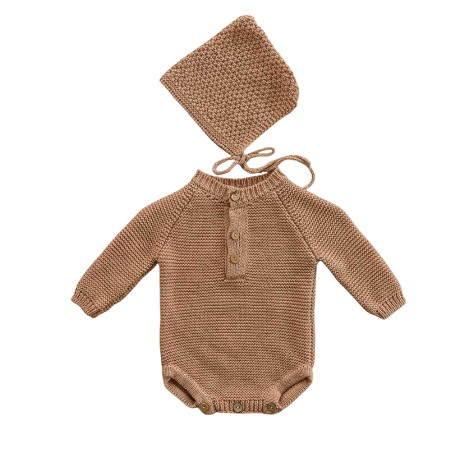 Light brown crochet knitted newborn baby longsleeve bodysuit onesie with pixie bonnet for reborn dolls and babies. Baby shower gift. Expectant mom mother to be gift. Crochet newborn baby bodysuit onesie pixie bonnet. Reborn clothing. Reborn Clothes.