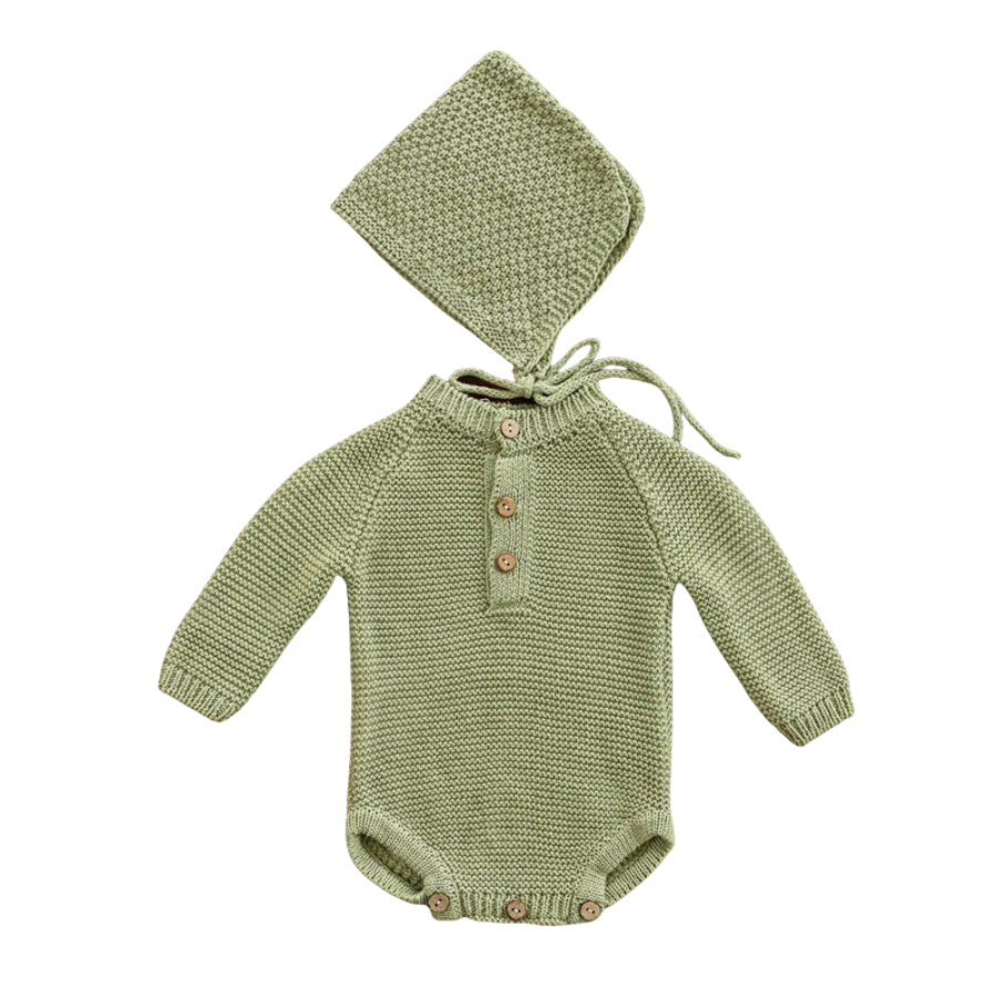 Sage green crochet knitted newborn baby longsleeve bodysuit onesie with pixie bonnet for reborn dolls and babies. Baby shower gift. Expectant mom mother to be gift. Crochet newborn baby bodysuit onesie pixie bonnet. Reborn clothing. Reborn Clothes.