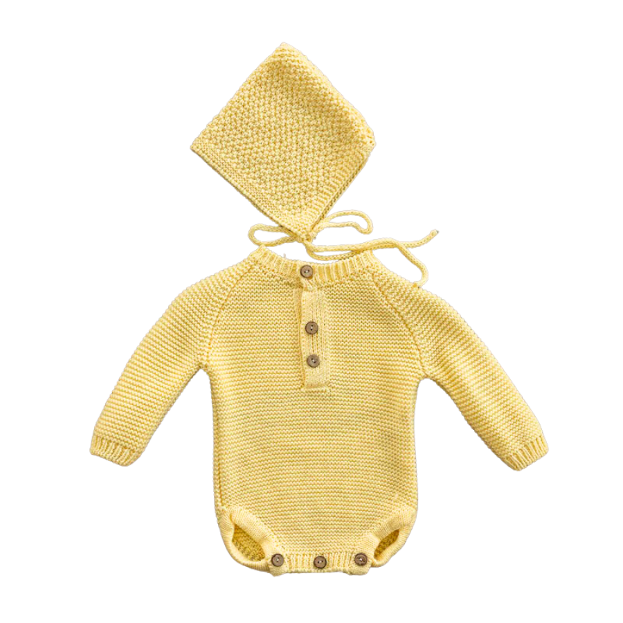 Light yellow crochet knitted newborn baby longsleeve bodysuit onesie with pixie bonnet for reborn dolls and babies. Baby shower gift. Expectant mom mother to be gift. Crochet newborn baby bodysuit onesie pixie bonnet. Reborn clothing. Reborn Clothes.
