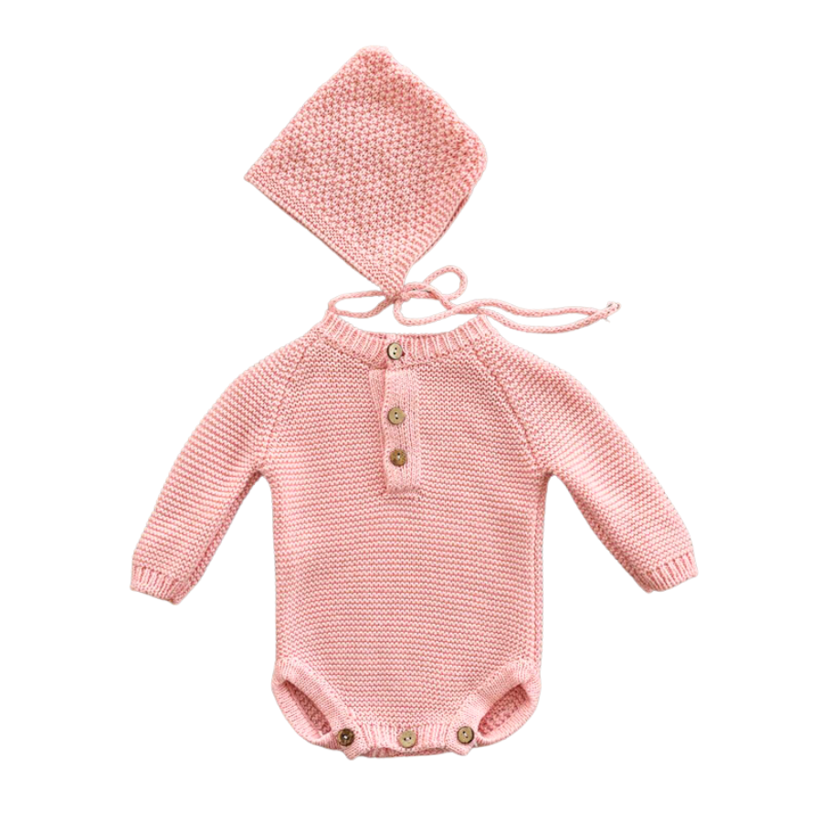 Pink crochet knitted newborn baby longsleeve bodysuit onesie with pixie bonnet for reborn dolls and babies. Baby shower gift. Expectant mom mother to be gift. Crochet newborn baby bodysuit onesie pixie bonnet. Reborn clothing. Reborn Clothes.