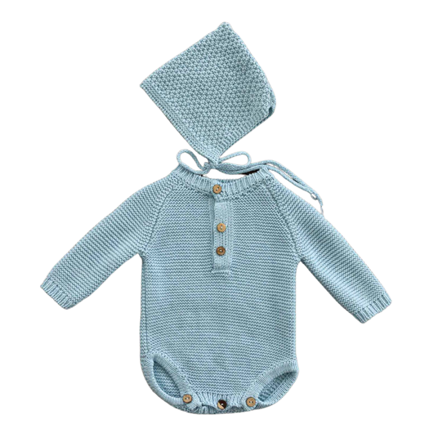 Light baby blue crochet knitted newborn baby longsleeve bodysuit onesie with pixie bonnet for reborn dolls and babies. Baby shower gift. Expectant mom mother to be gift. Crochet newborn baby bodysuit onesie pixie bonnet. Reborn clothing. Reborn Clothes.