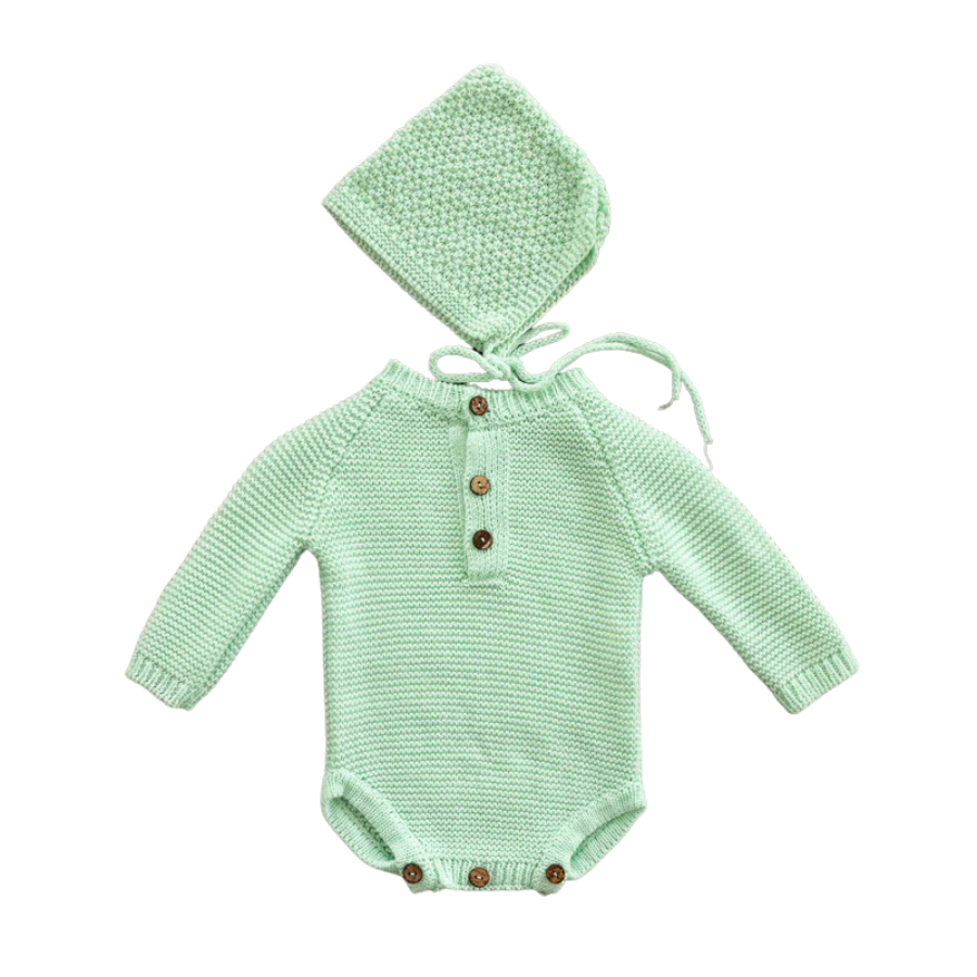 Mint green crochet knitted newborn baby longsleeve bodysuit onesie with pixie bonnet for reborn dolls and babies. Baby shower gift. Expectant mom mother to be gift. Crochet newborn baby bodysuit onesie pixie bonnet. Reborn clothing. Reborn Clothes.