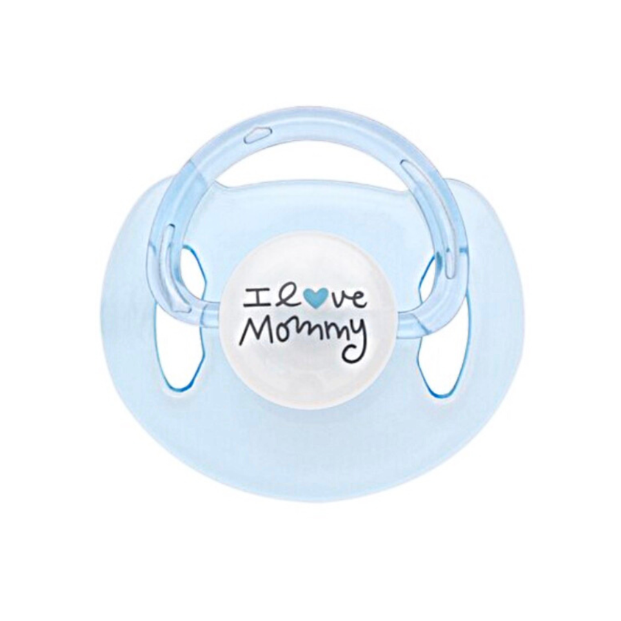 Blue transparent magnetic pacifier for reborn baby dolls that says I love Mommy. Reborning supplies.  Pacifiers for reborns. Doll Soother. Boy doll.  Doll Clothes. Reborn clothing.