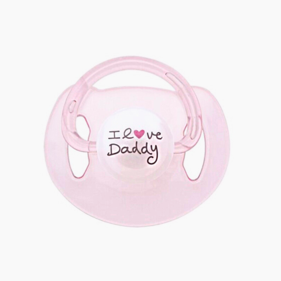 Pink transparent magnetic pacifier for reborn baby dolls that says I love Daddy. Reborning supplies.  Pacifiers for reborns. Doll Soother. Girl doll.  Doll Clothes. Reborn clothing.