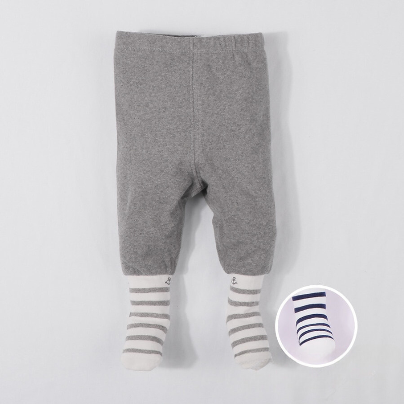 Grey and white striped Sawyer nautical newborn baby pants with socks attached for reborn dolls and babies.
