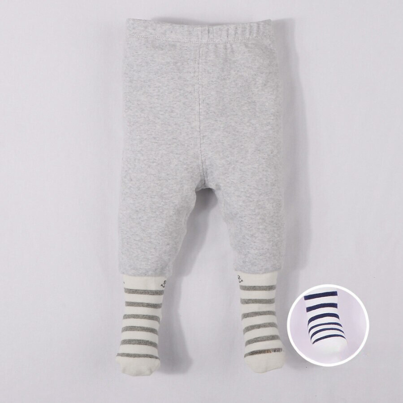 Grey and white striped Sawyer nautical newborn baby pants with socks attached for reborn dolls and babies.