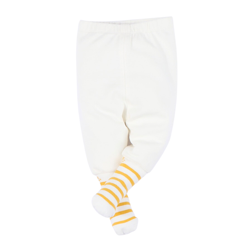 White and yellow striped Sawyer nautical newborn baby pants with socks attached for reborn dolls and babies.