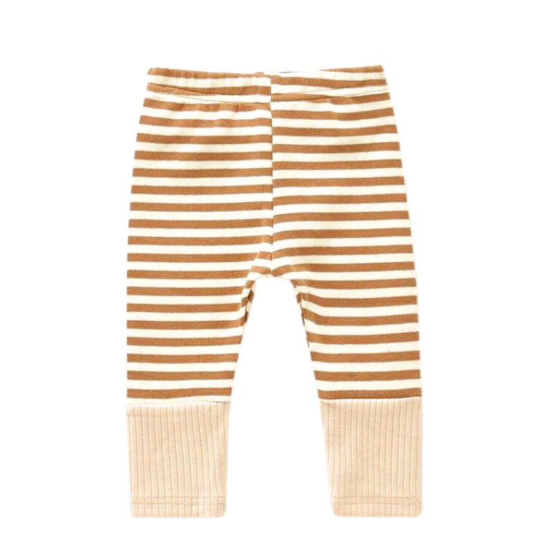Tan light brown and offwhite cream unisex gender neutral striped Scandinavian style baby leggings pants for reborns, baby girls, baby boys, silicone dolls and cuddle babies.