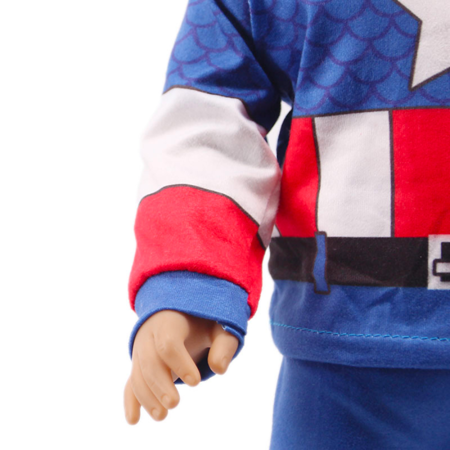 Blue red white Captain America Pyjamas pjs two piece outfit sets for miniature and preemie Reborn Baby Boys, Small Dolls, American girl dolls, our generation, cabbage patch dolls, Baby Alive, Baby Born, Cabbage Patch Kids, and small stuffed animals.