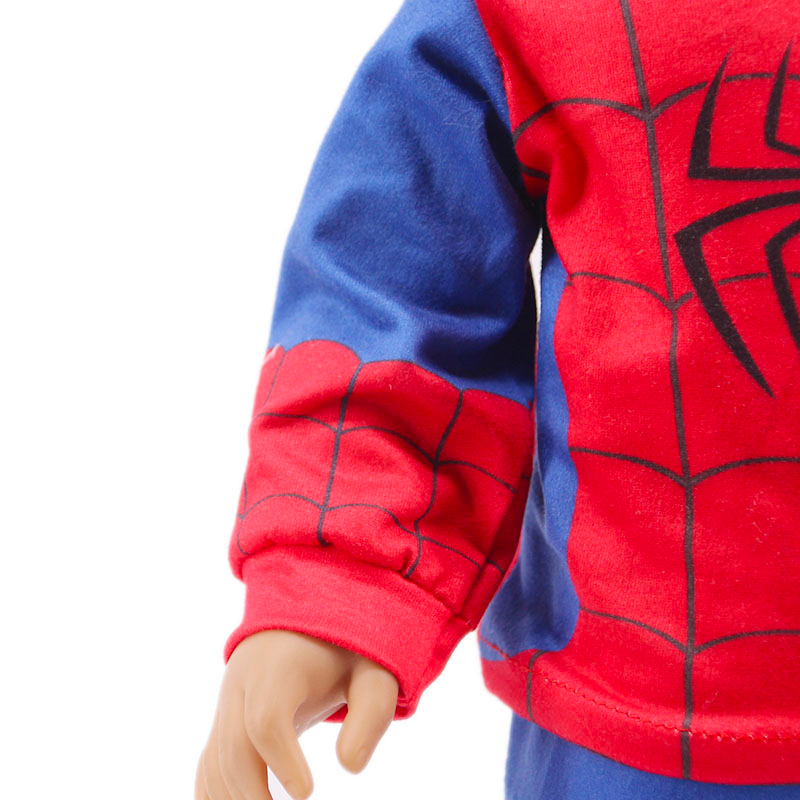 Red and blue Spiderman Pyjamas pjs two piece outfit sets for miniature and preemie Reborn Baby Boys, Small Dolls, American girl dolls, our generation, cabbage patch dolls, Baby Alive, Baby Born, Cabbage Patch Kids, and small stuffed animals.