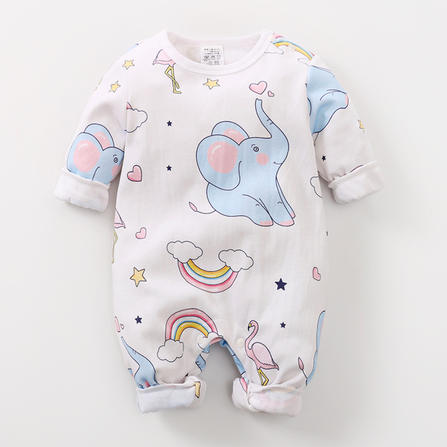 White long-sleeve baby romper with blue elephants, rainbows, flamingos, stars and hearts on it for reborn baby dolls.