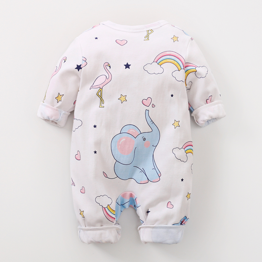 Back of a white long-sleeve baby romper with blue elephants, rainbows, flamingos, stars and hearts on it for reborn baby dolls.