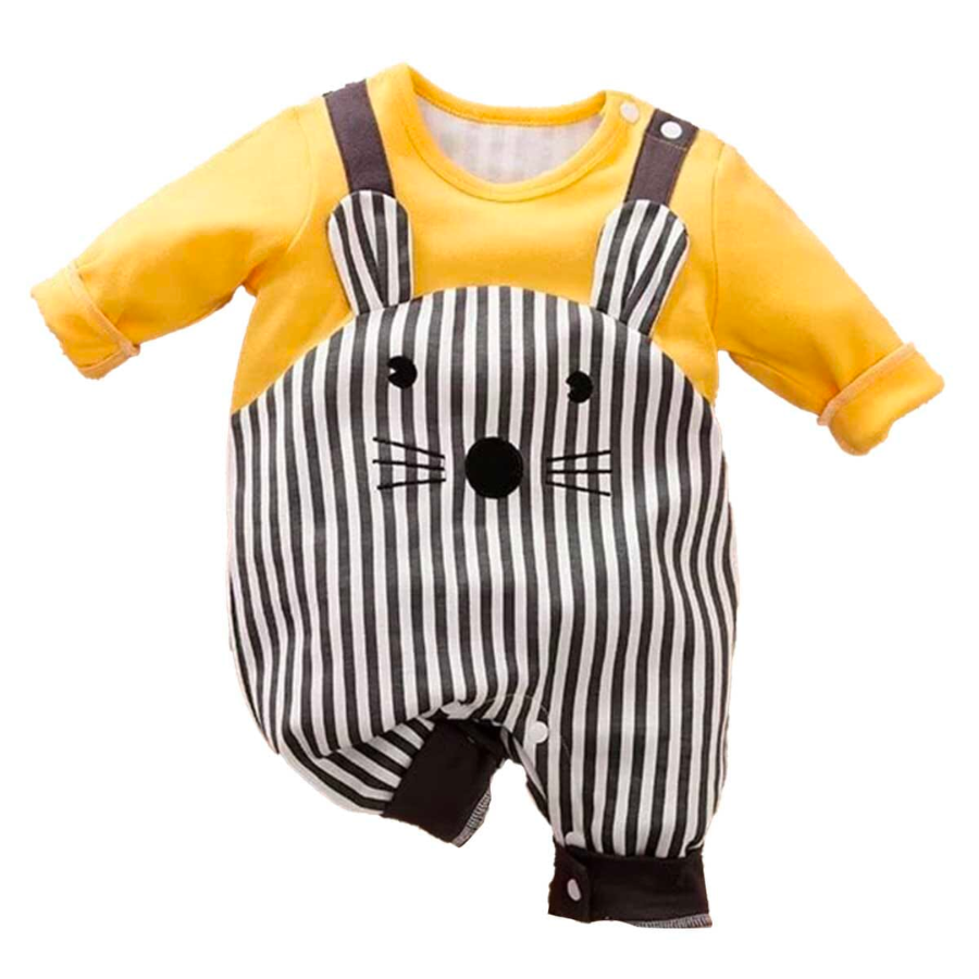 Brown and white striped mouse overalls attached to a yellow long-sleeve shirt for reborn baby boys.