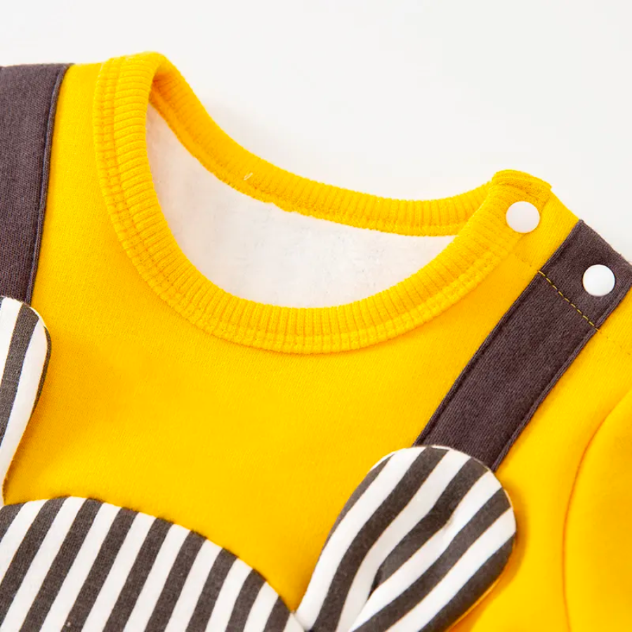 Brown and white striped mouse overalls attached to a yellow long-sleeve shirt for reborn baby boys.