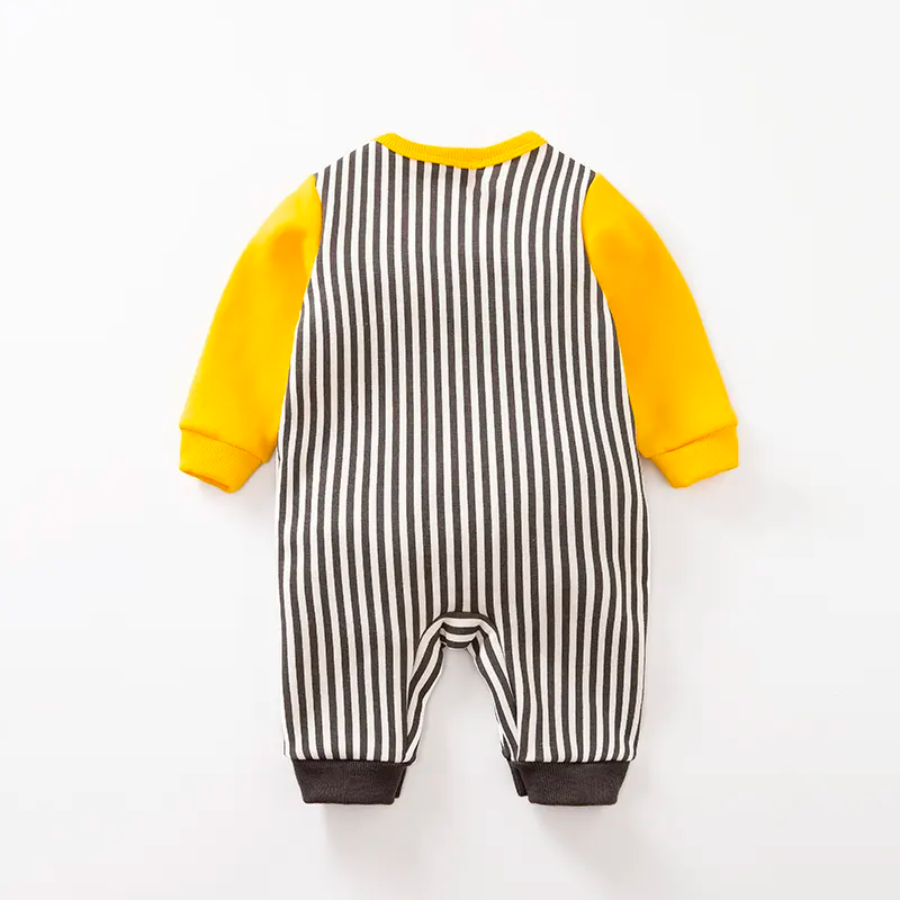 Brown and white striped mouse overalls attached to a yellow long-sleeve shirt for reborn baby boys.