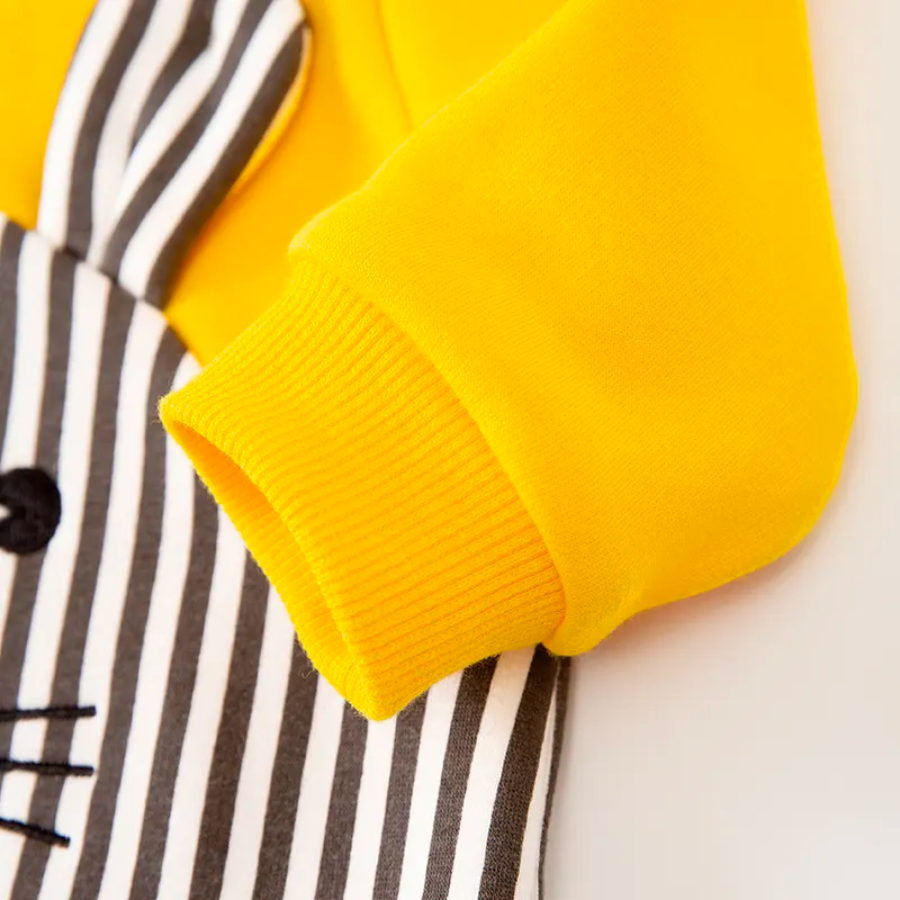 Brown and white striped mouse overalls attached to a yellow long-sleeve shirt for reborn baby boys.