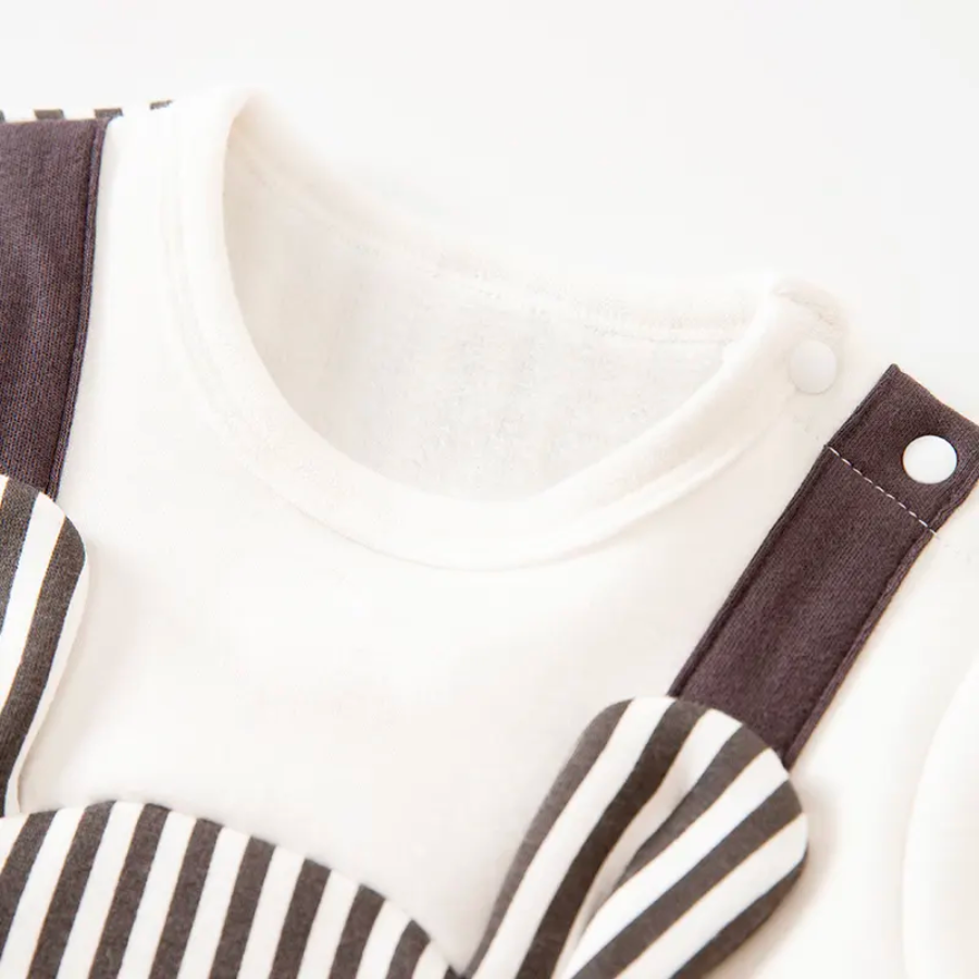 Brown and white striped mouse overall jumpsuit romper for reborn baby boys.