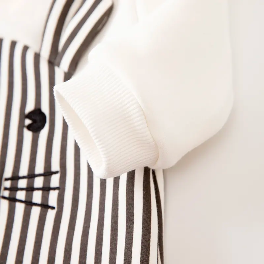 Brown and white striped mouse overall jumpsuit romper for reborn baby boys.