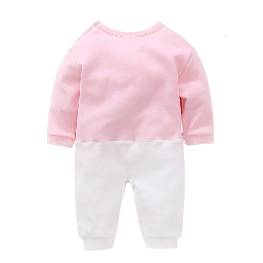 Pink and white Long-sleeve cotton newborn baby romper with bunny rabbit face and ears on the front for reborn doll babies.