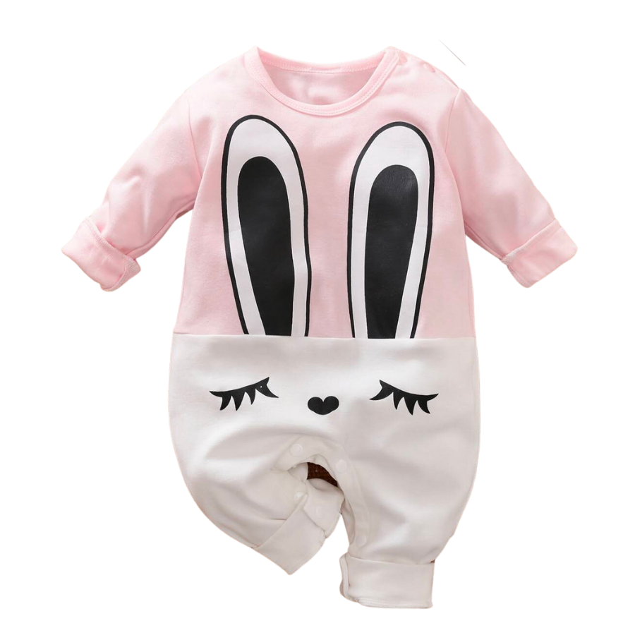 Pink and white Long-sleeve cotton newborn baby romper with bunny rabbit face and ears on the front for reborn doll babies.