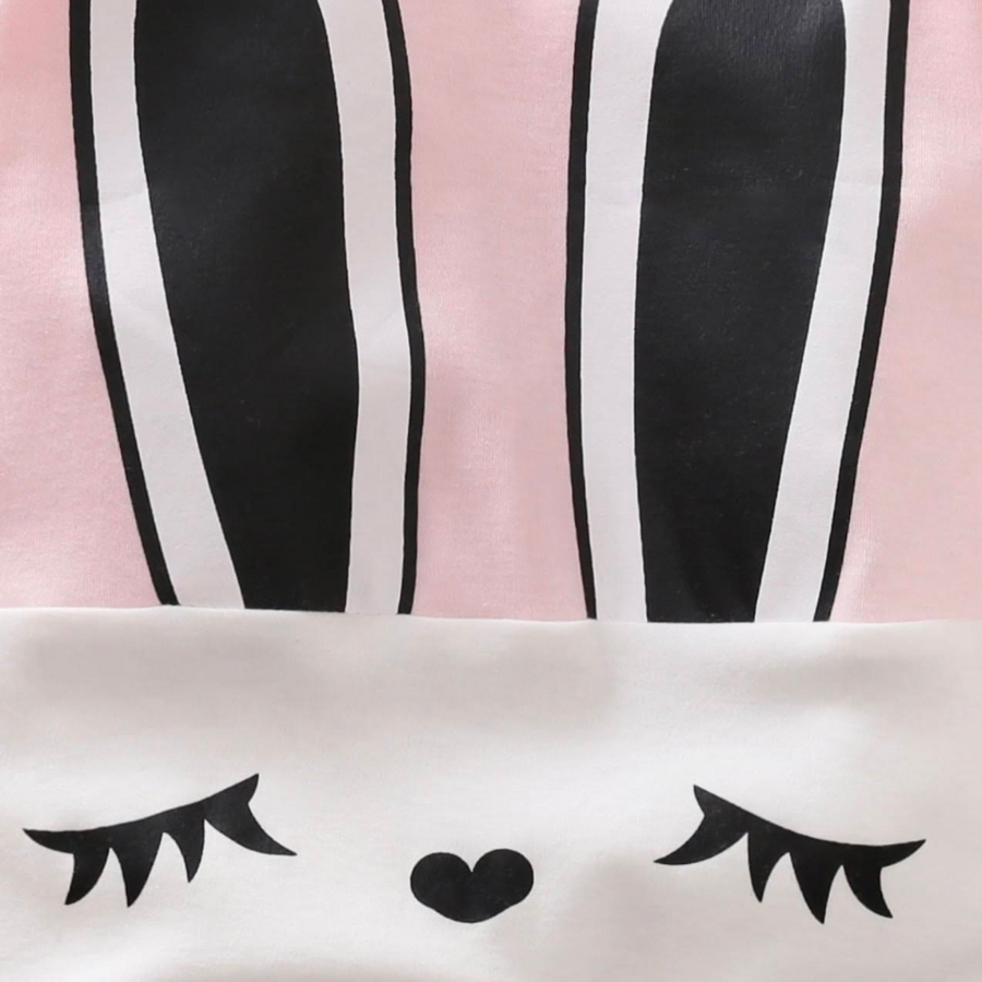 Pink and white Long-sleeve cotton newborn baby romper with bunny rabbit face and ears on the front for reborn doll babies.