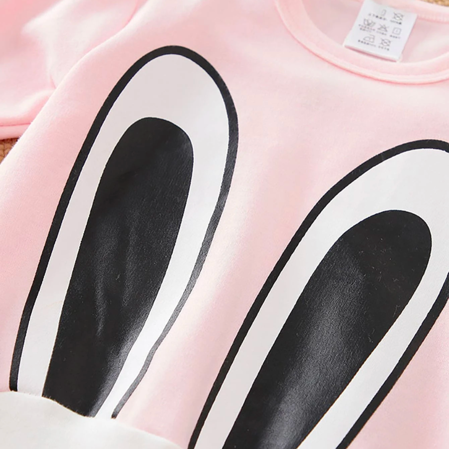Pink and white Long-sleeve cotton newborn baby romper with bunny rabbit face and ears on the front for reborn doll babies.