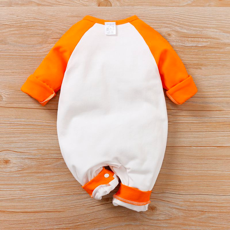 White and orange long-sleeve baby romper with cat face on it for reborn baby girl dolls.