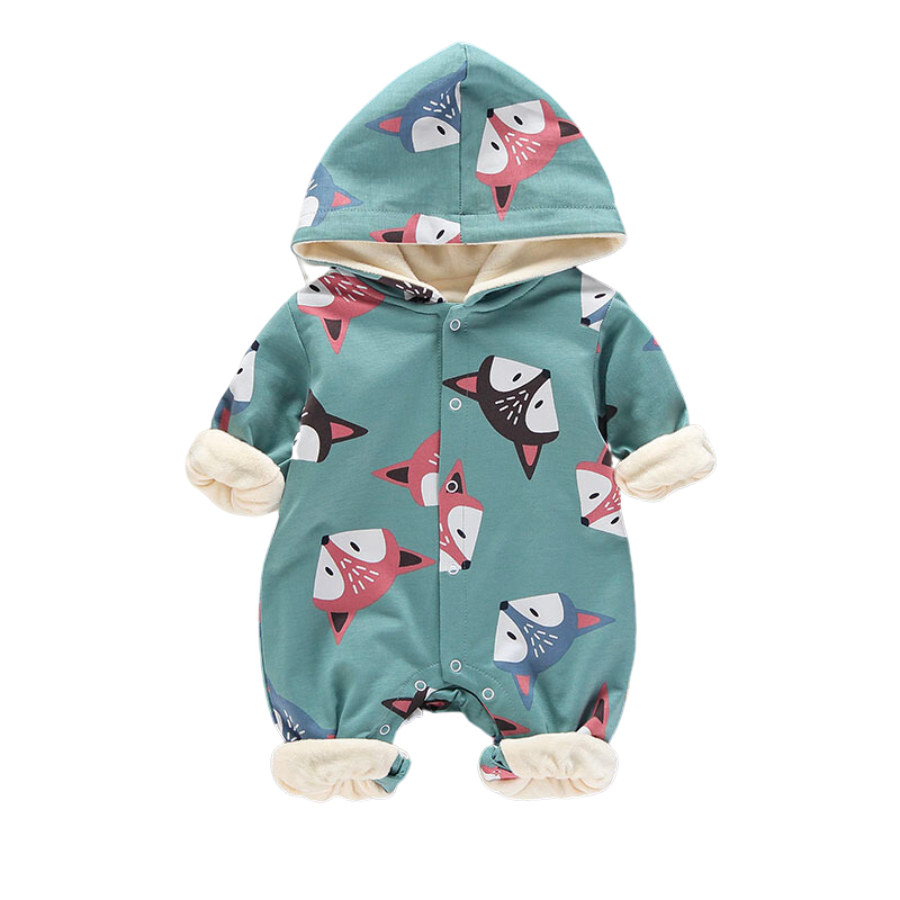 Green long sleeve long-sleeve fox romper with buttons and fleece lining for babies and reborn dolls.