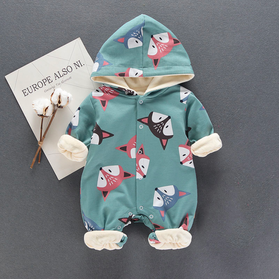 Green long sleeve long-sleeve fox romper with buttons and fleece lining for babies and reborn dolls.