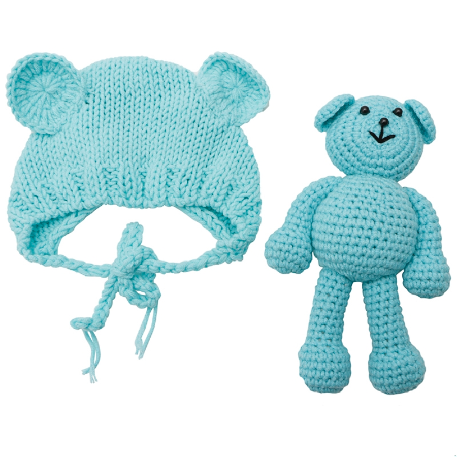 Aqua blue cyan Lovey hand knitted newborn baby bear hat with matching teddy.